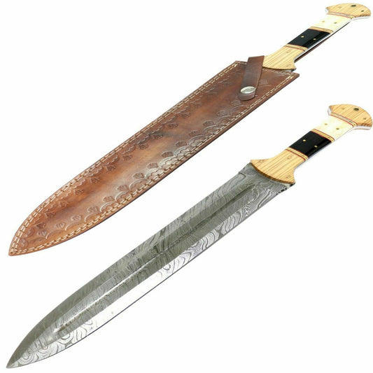 Gladius romain en acier damassé avec étui en cuir – Épée de gladiateur artisanale